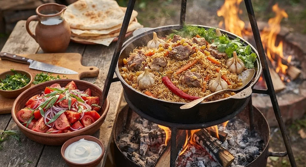 Плов из баранины на костре в казане