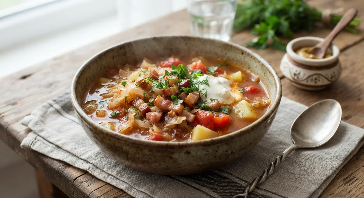 Похмельные щи из квашеной капусты с беконом