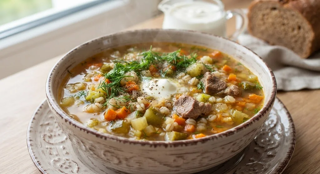 Rassolnik with Beef, Pearl Barley and Pickles