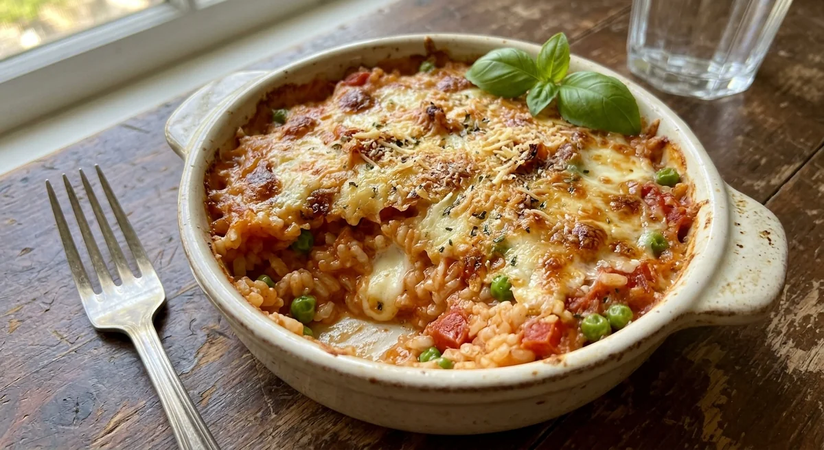 Рисовый гратен с моцареллой, горошком и томатами