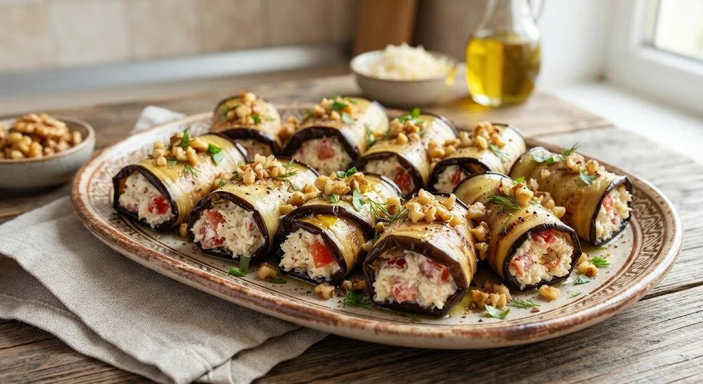 Рулетики из баклажанов с сыром, чесноком и орехами
