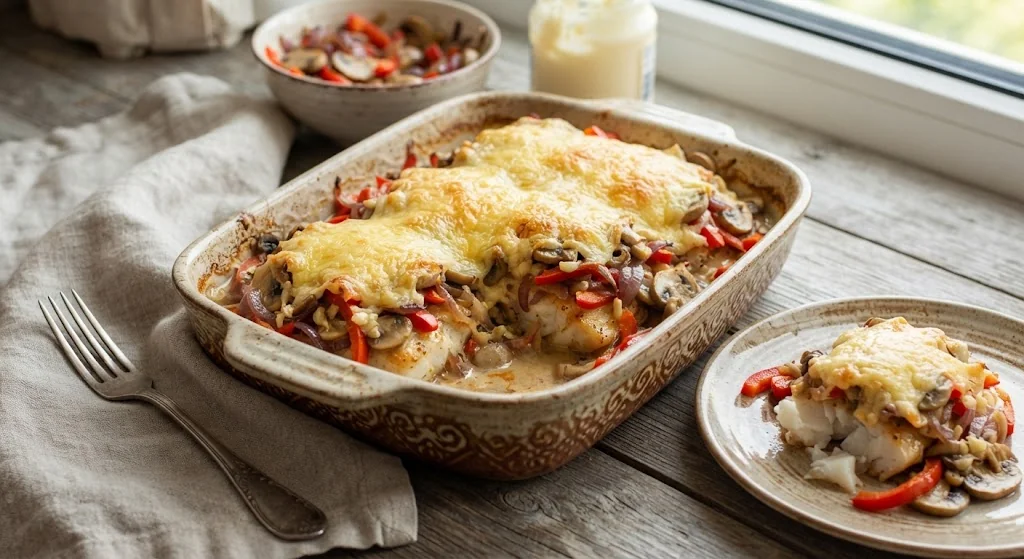 Рыба запеченная в духовке в майонезе с овощами и сыром