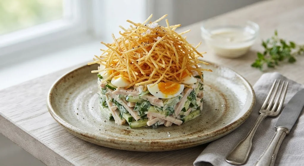 Salad with Potato Straws and Chicken