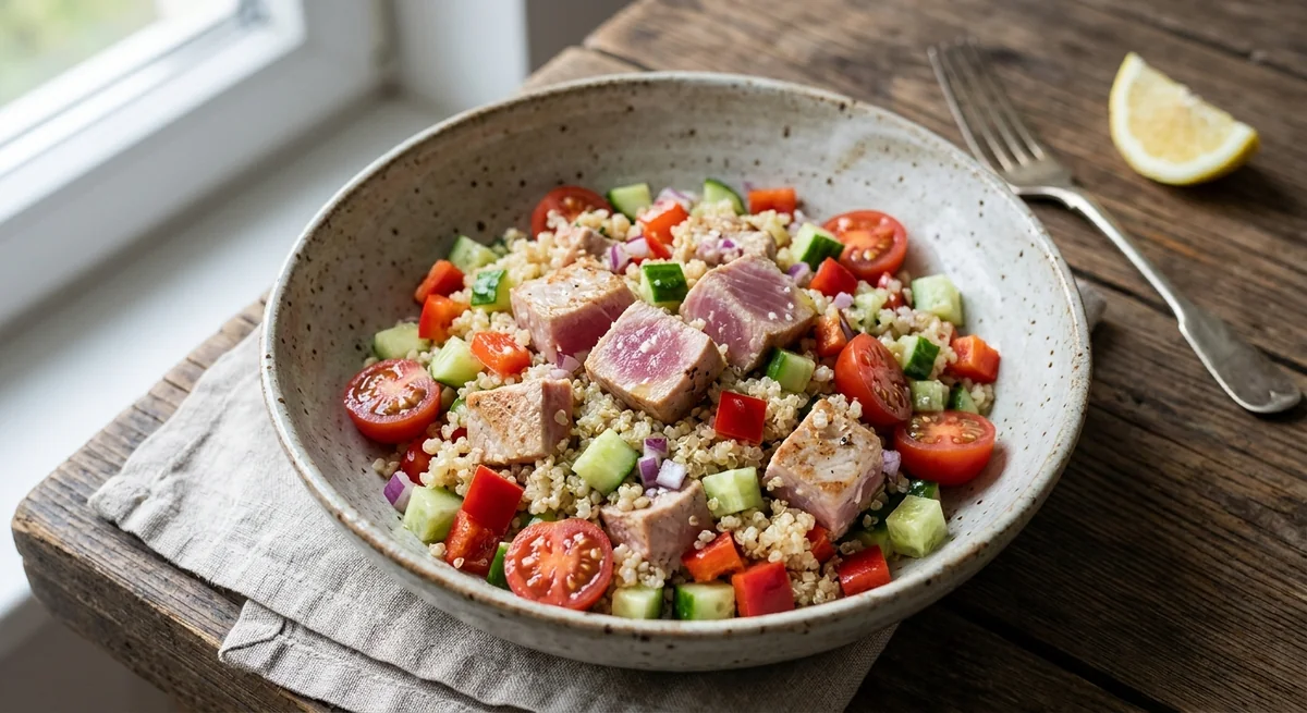 Салат с тунцом, киноа и овощами