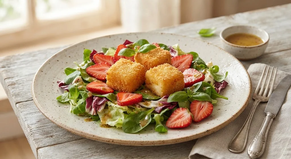 Salad with Fried Cheese and Strawberries