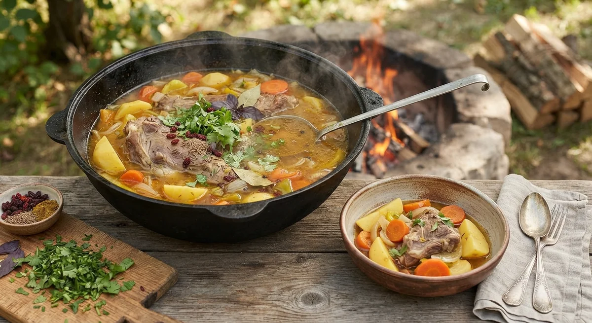 Lamb Shurpa in a Cauldron over an Open Fire