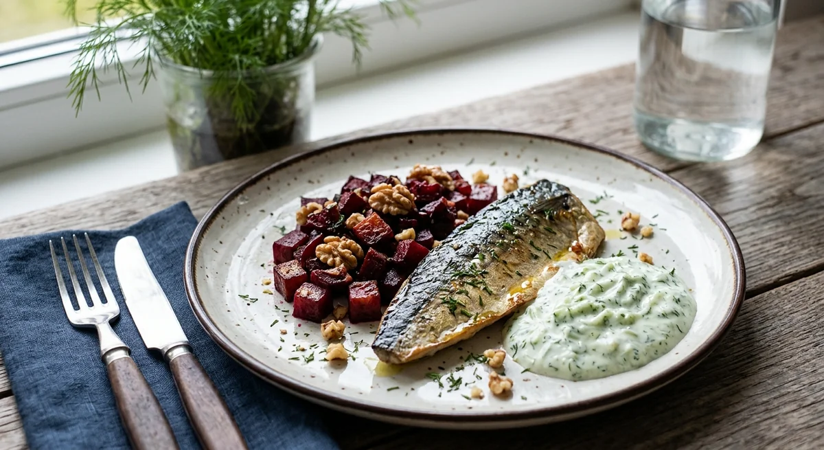 Mackerel with Roasted Beetroot and Yogurt-Dill Sauce
