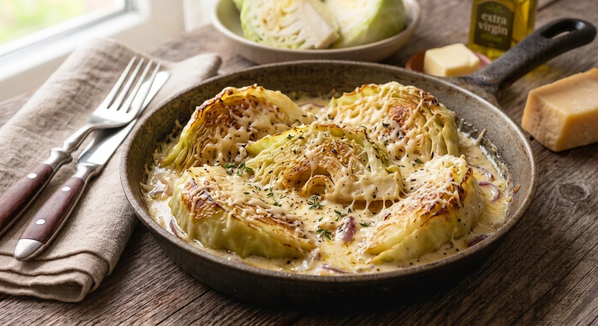 Сливочная тушёная капуста дольками с сыром