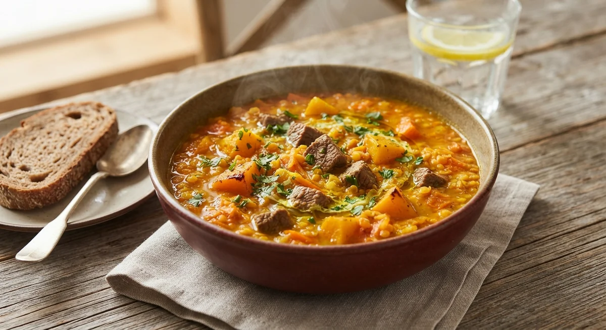 Суп с красной чечевицей, тыквой, морковью и мясом
