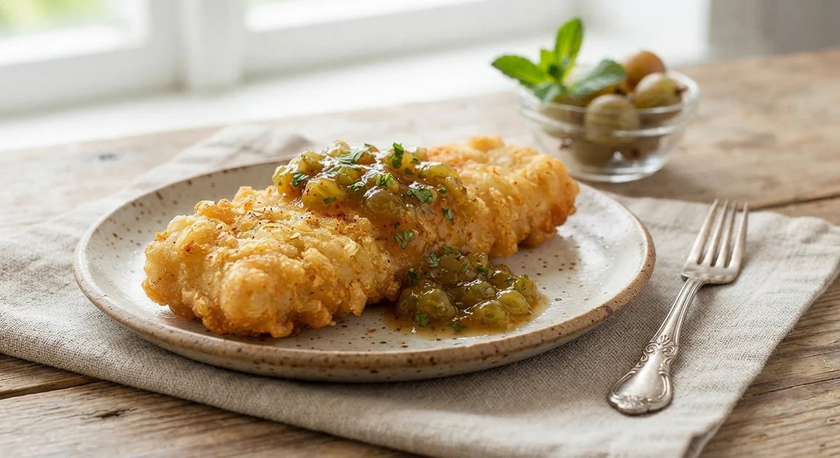 Cod in Onion Batter with Gooseberry Sauce