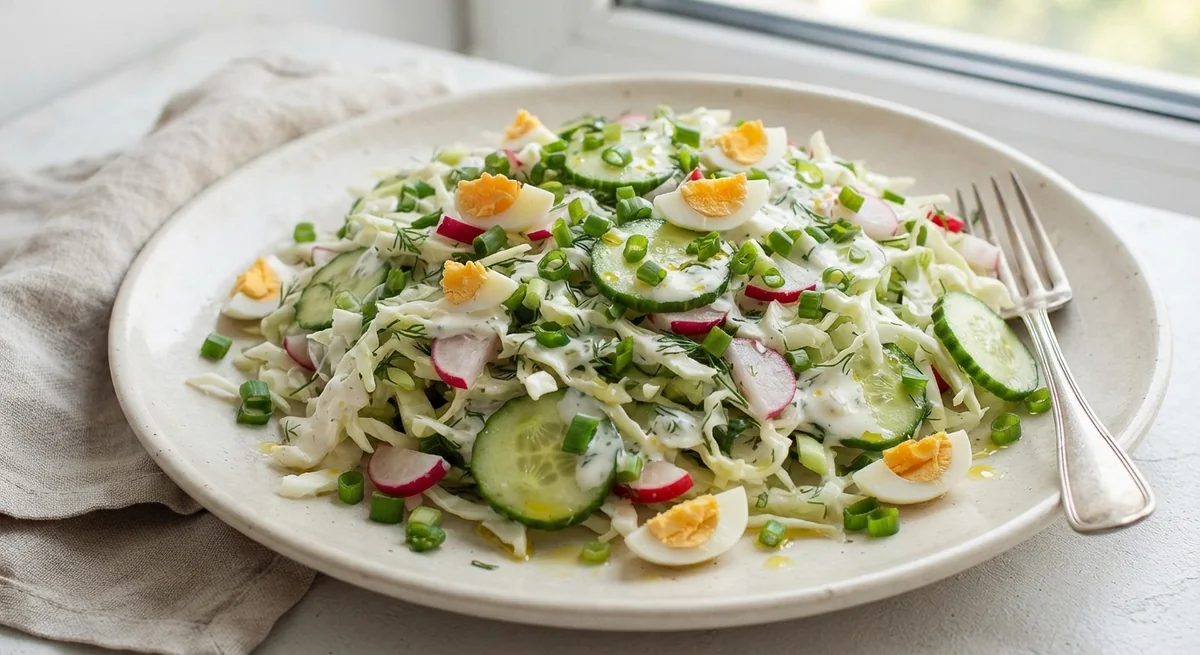 Весенний салат с яйцом, огурцом и редисом