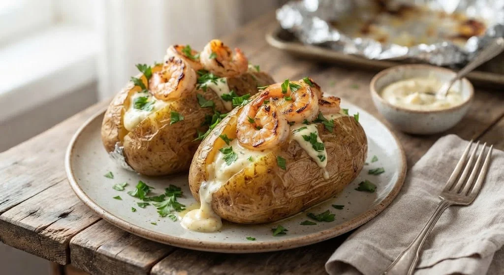 Baked Potato with Shrimp and Aioli Sauce
