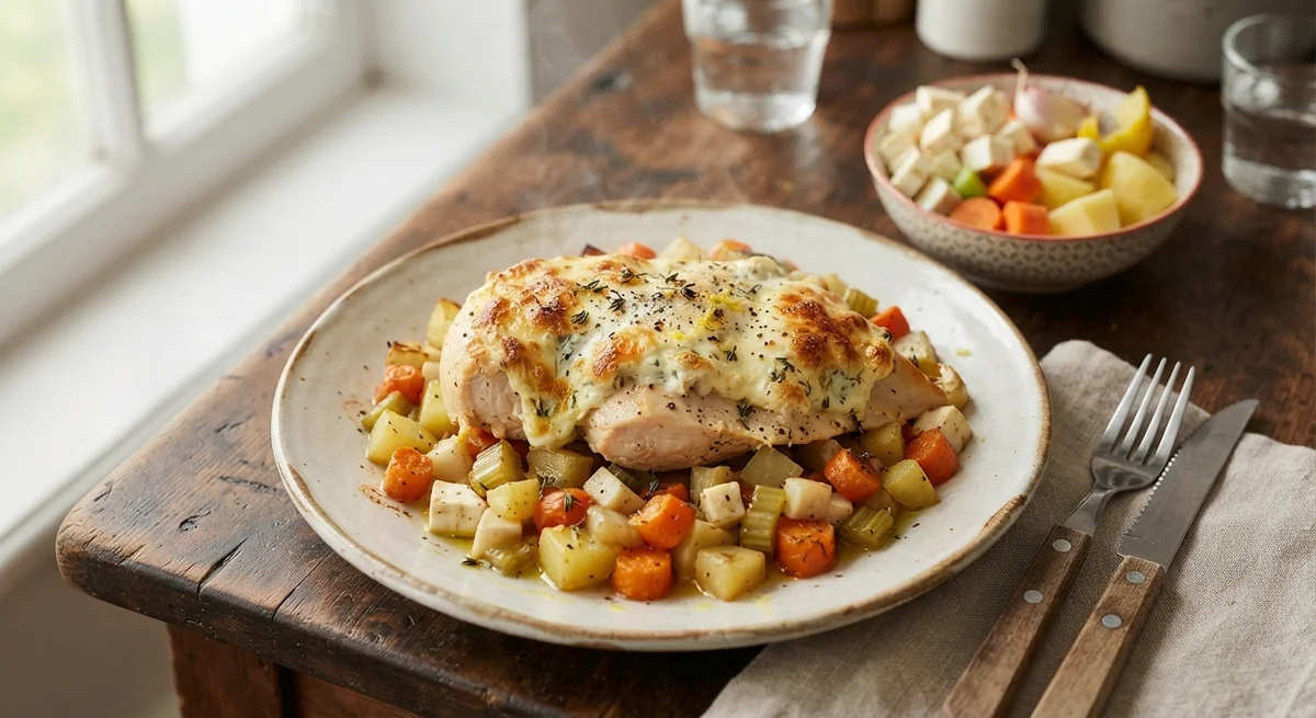 Запечённая сливочная курица с овощами