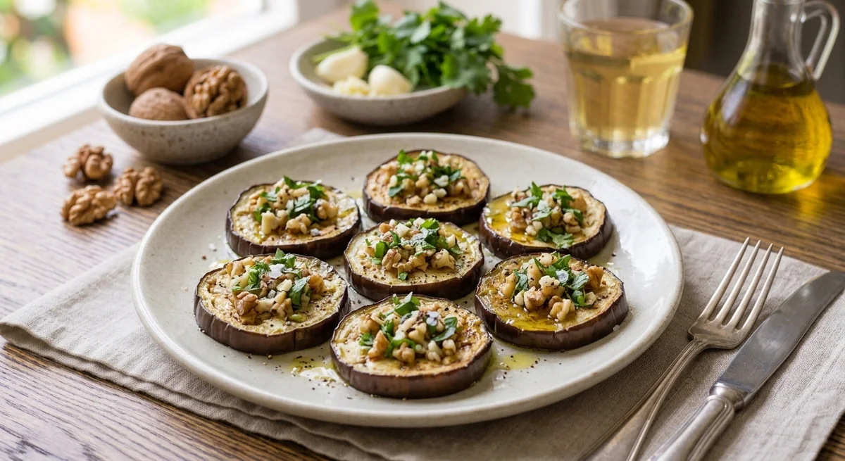 Запеченные баклажаны с грецким орехом и чесноком