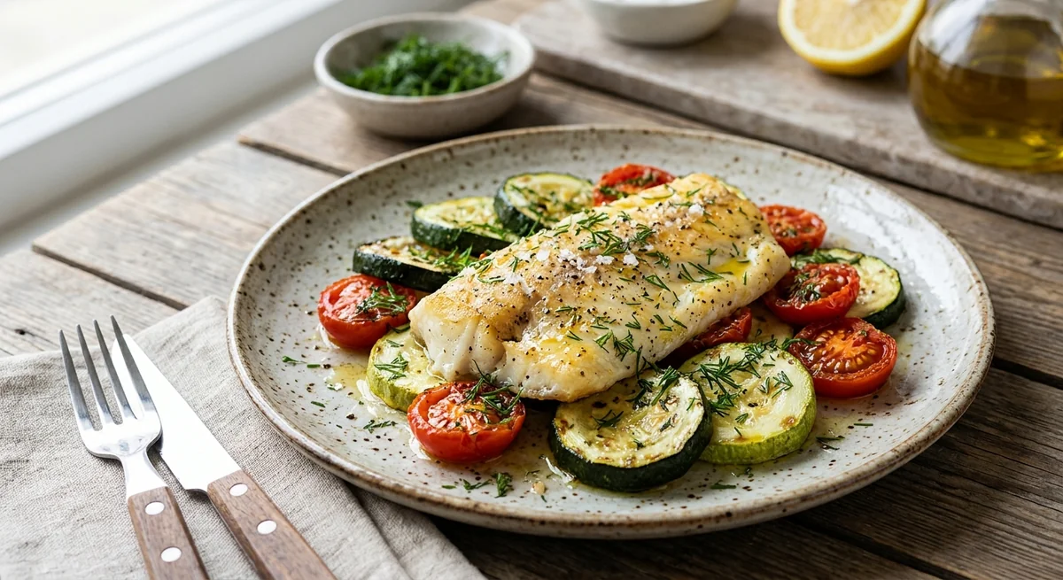 Запеченный минтай с овощами