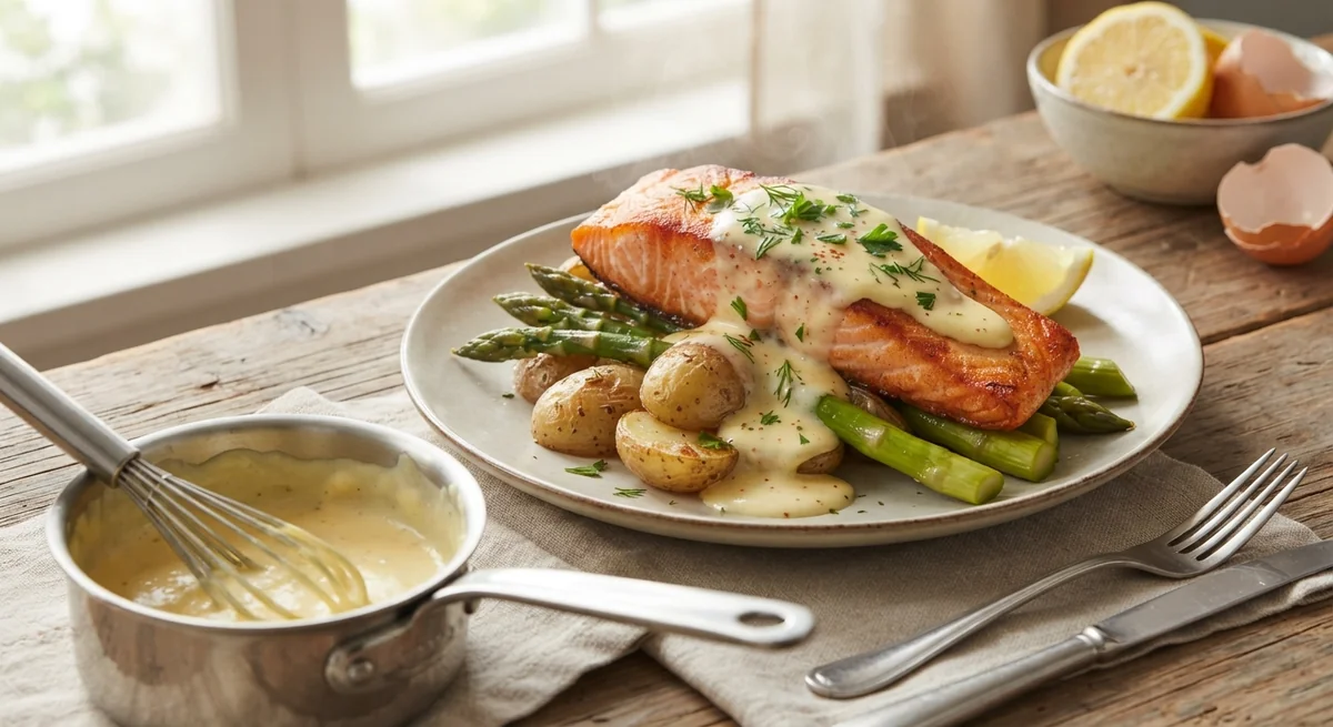 Fried Red Fish with Potatoes and Hollandaise Sauce