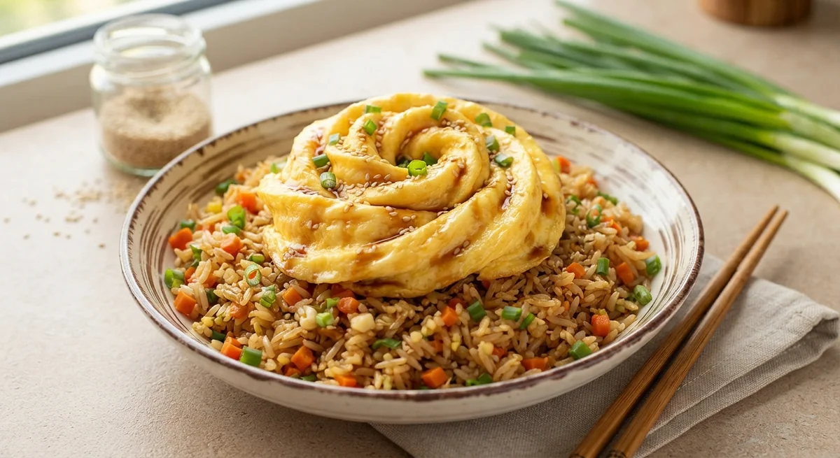 Жареный рис с овощами и омлетом