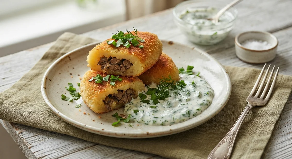 Potato Cutlets with Chicken Liver and Ramson Sauce