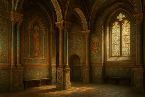Sala histórica con paredes decoradas y ventana de vitral