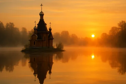 Iglesia en una isla en medio de la naturaleza en la mañana
