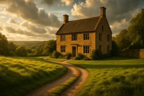 Beautiful country estate with a green landscape and clouds