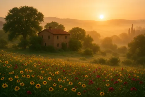Mañana soleada en el campo con flores y una casa