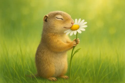 Una simpática cobaya sosteniendo una margarita, con hierba de fondo
