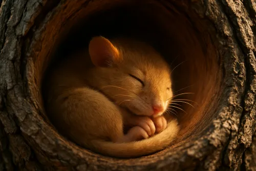 A fluffy orange cat peacefully sleeping inside a hollowed tree trunk