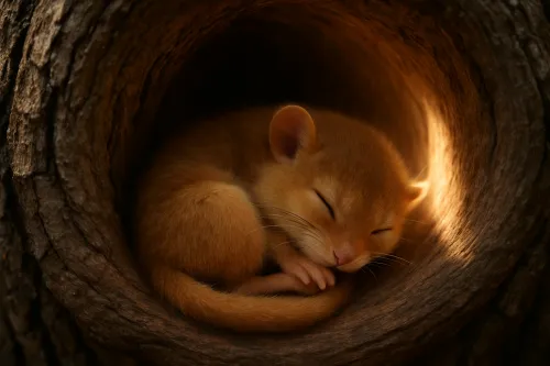 Kitten curled up and peacefully sleeping in a tree hollow