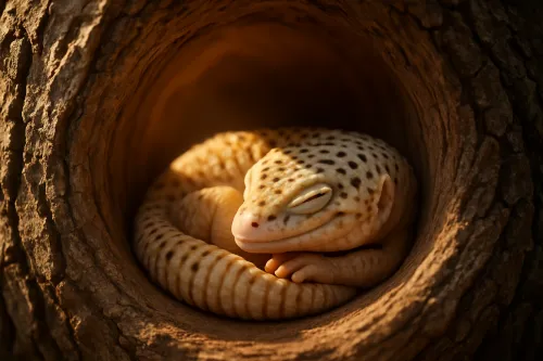 El geco se acomodó cómodamente en el agujero del árbol