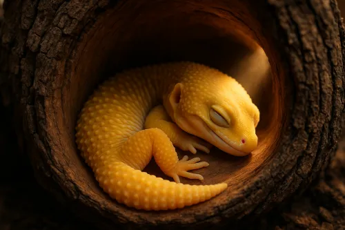 A brightly colored yellow lizard sleeps in a wooden tube
