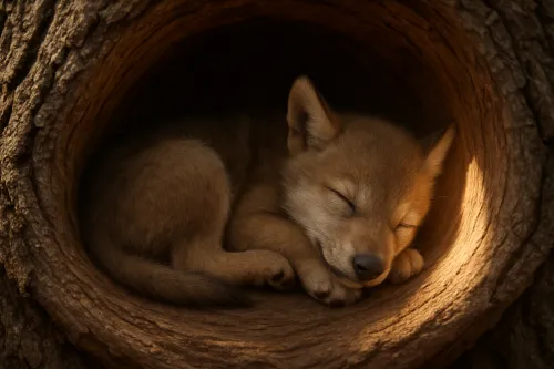 A cute wolf pup curled up and sleeping inside a tree trunk hole