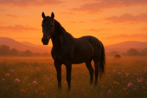 Caballo oscuro de pie en un campo florecido durante el atardecer