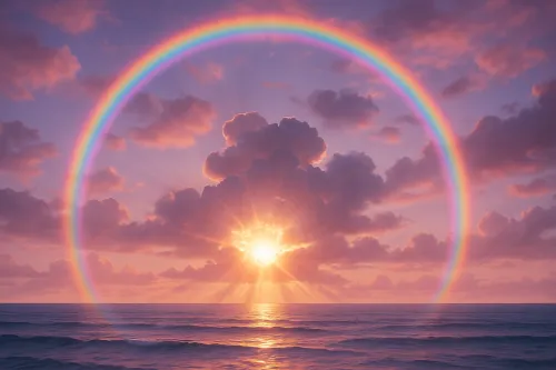 Sunny Sunset over the Ocean with a Rainbow and Clouds in the Background