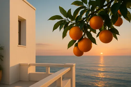 Atardecer soleado en la costa con una rama de naranjas