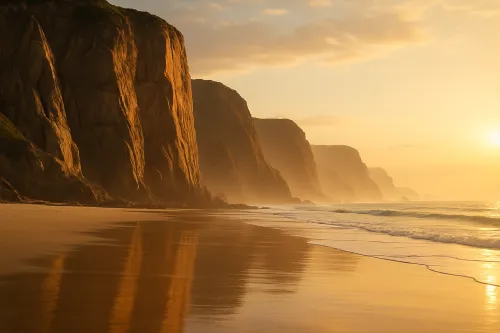 Atardecer sobre una playa tranquila con reflejos de acantilados en el agua