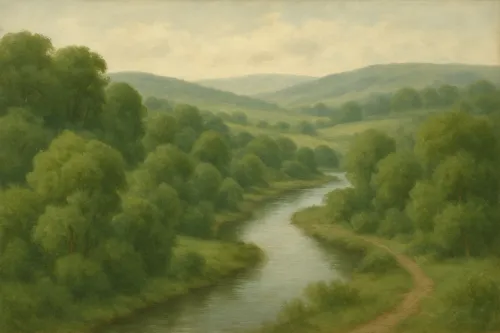 Paisaje pintoresco del río, rodeado de árboles verdes y colinas
