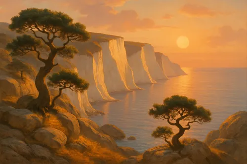 Paisaje pintoresco con árboles en la costa y un atardecer