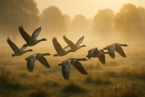 Grupo de gansos volando a través de un paisaje brumoso al amanecer
