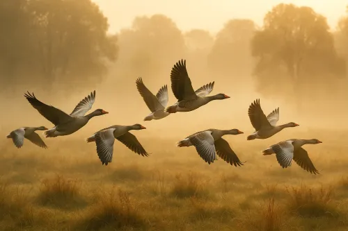 Gansos volando sobre un campo herboso brumoso al amanecer
