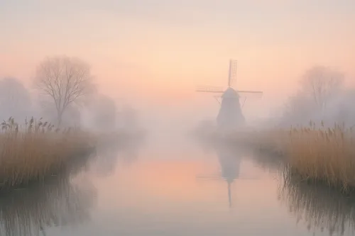 Paisaje con un molino de agua en el fondo de niebla y amanecer