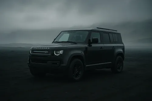SUV negro Land Rover Defender en un entorno brumoso