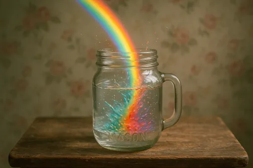 Image of a jar of water with a rainbow emerging from it