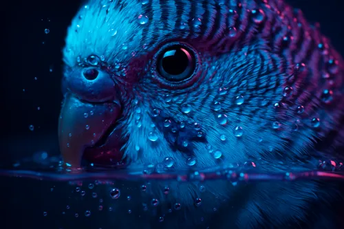 Primer plano de la cabeza de un loro cubierta de gotas de agua y una brillante iluminación