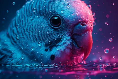 Primer plano de un pájaro con gotas de agua transparentes en sus plumas, iluminado por luces de neón