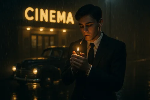 Young man in a suit lighting a cigarette at the cinema in the rain