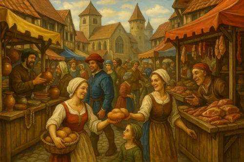 Mercado medieval con coloridos puestos y comunicación entre personas
