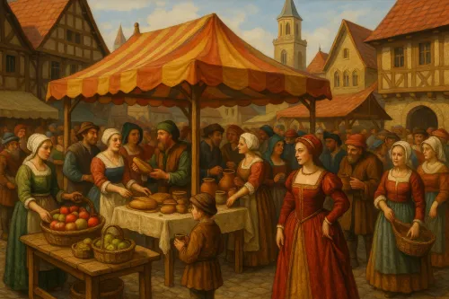 Scene of people at a market with stalls and tents in medieval style