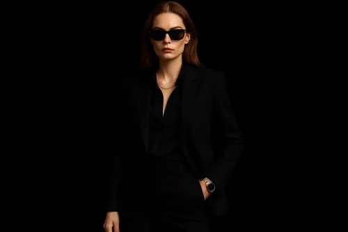 Woman in a black business suit and dark sunglasses confidently posing