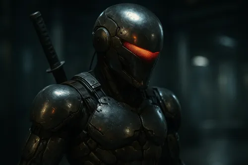 Image of a cybernetic character in a dark atmosphere with a sword on their back